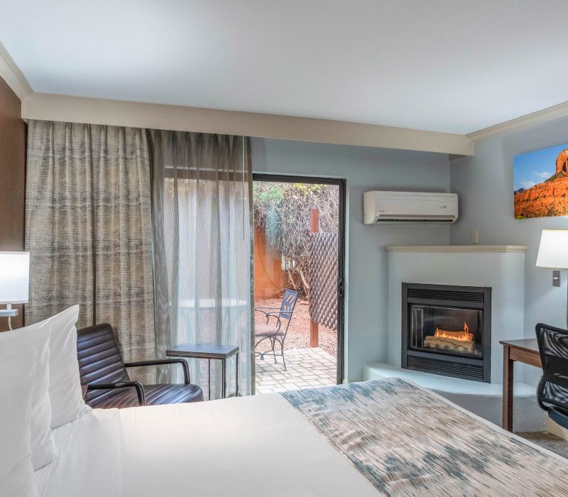 Scenic room view from the 1 King Bed Whirlpool Suite at Arroyo Pinion Boutique Hotel, showcasing the luxurious interior and inviting ambiance