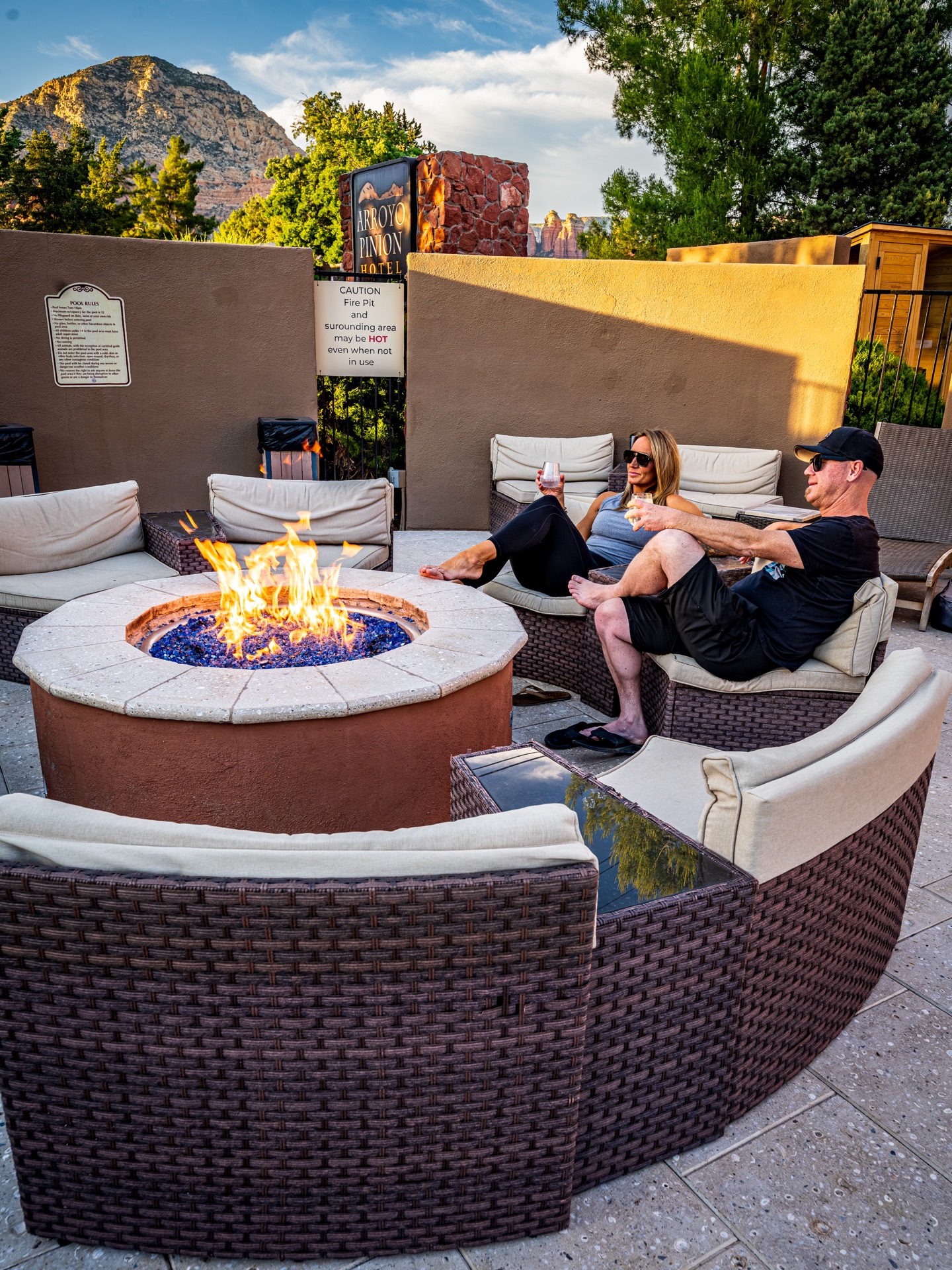 Fire pit at sunset with mountain view