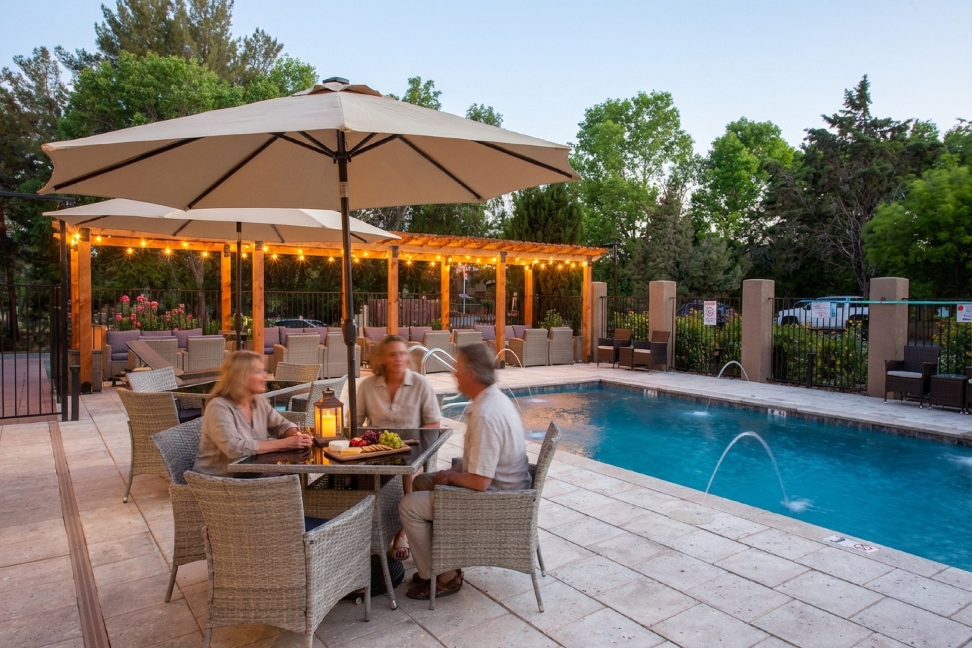 Friends gathered at the pool in the evening