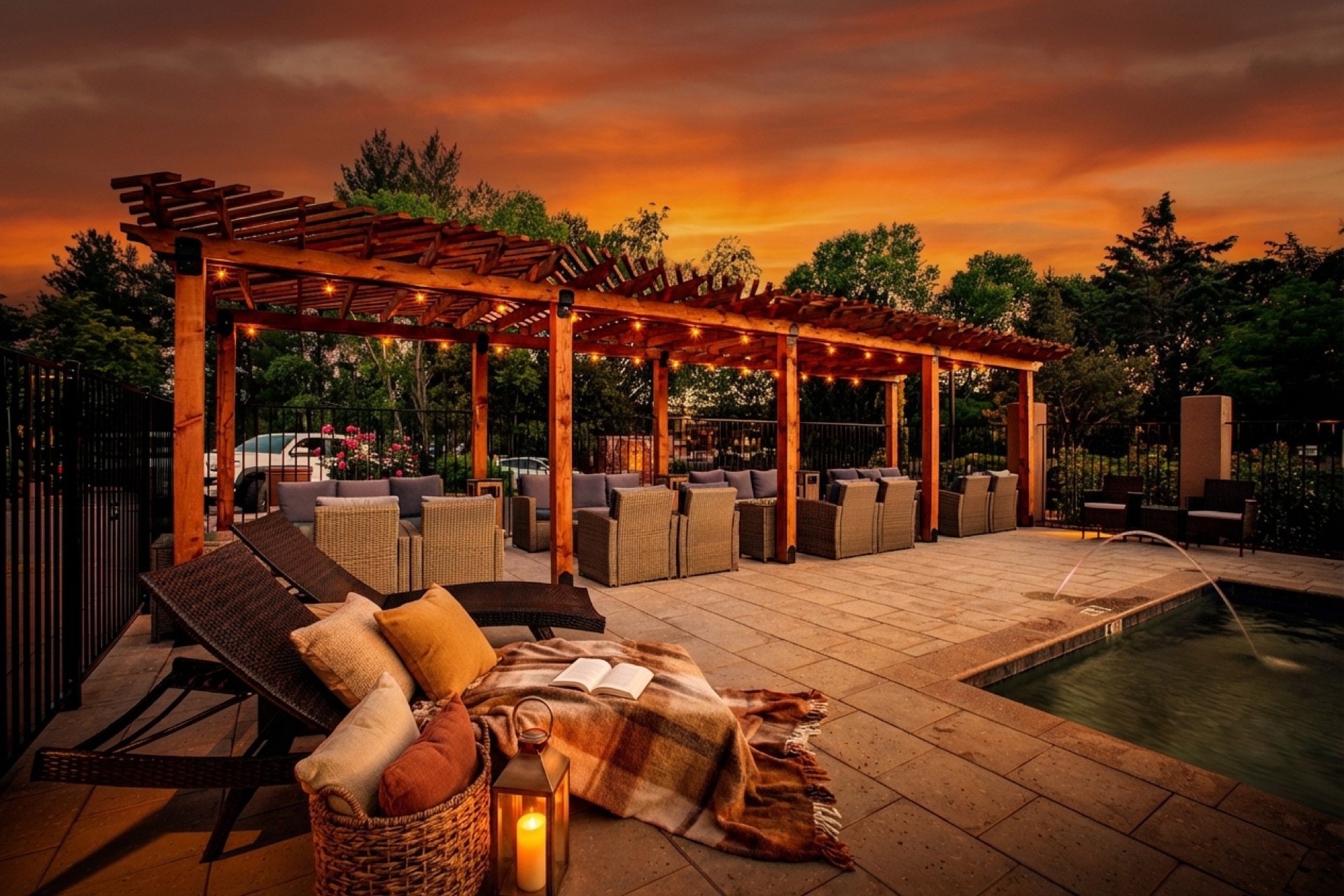 Pergola lounge with string lights at sunset by the pool