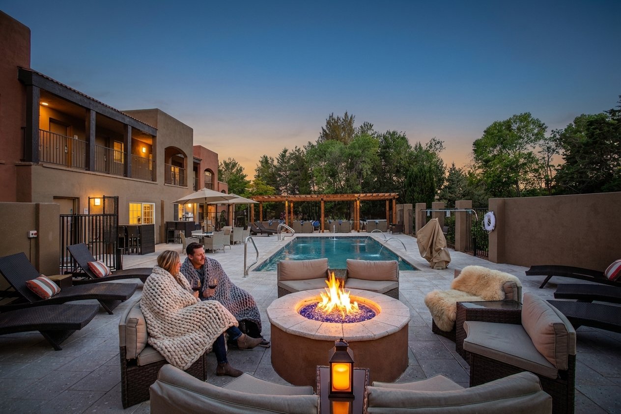 Couple by the fire pit with pool behind at dusk