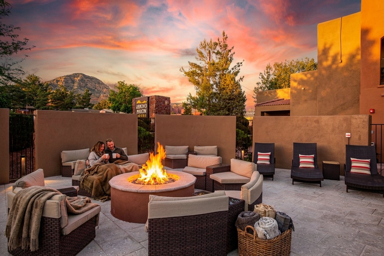 Couple by the fire pit at sunset with red rocks behind