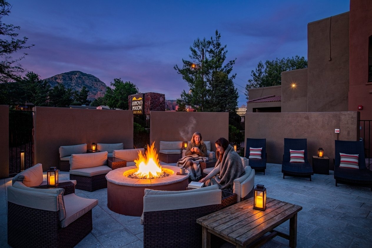 Friends gathered around the fire pit at twilight
