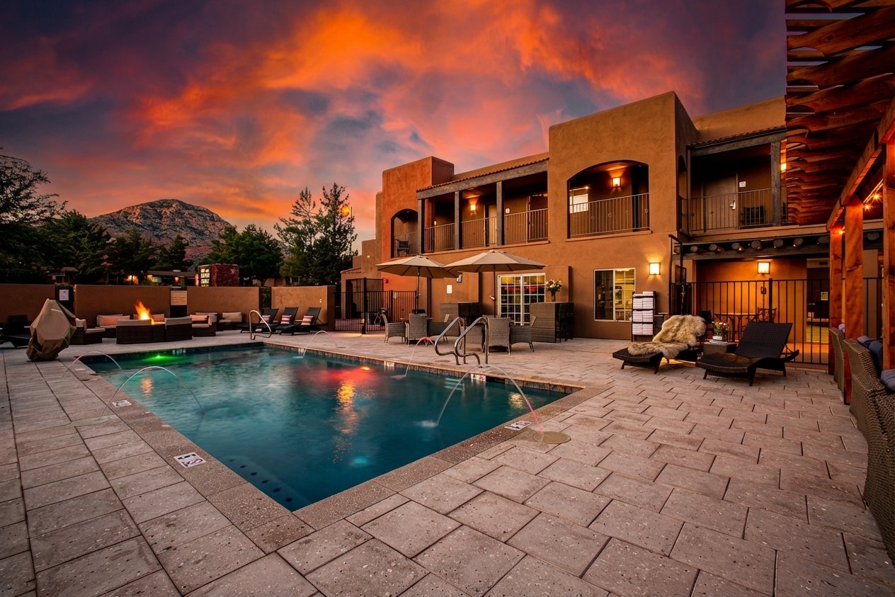 Heated pool and resort building at golden hour, Arroyo Pinion Hotel
