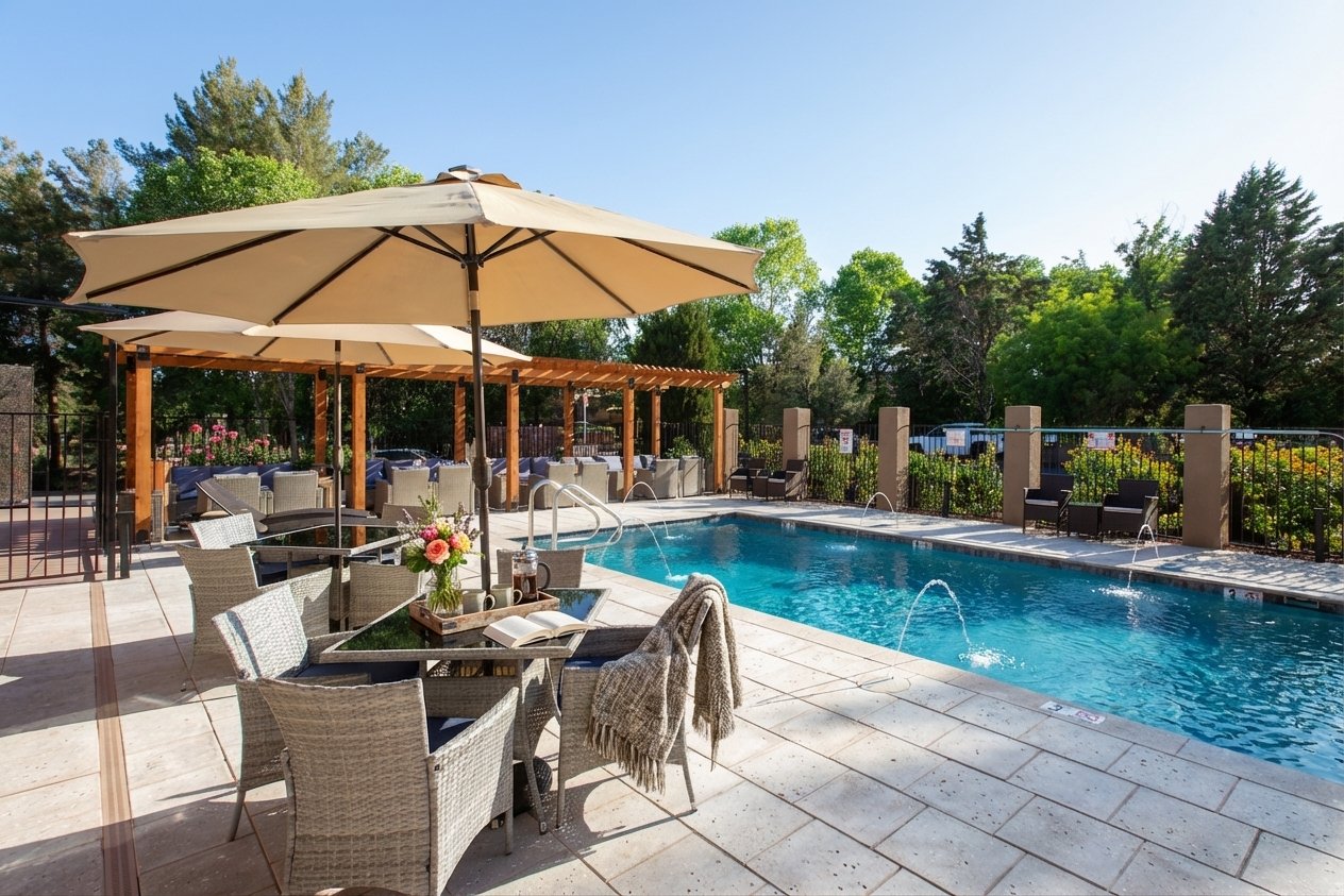 Morning coffee by the heated pool