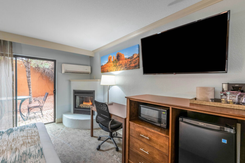 King room with fireplace and scenic view at Arroyo Pinion, an Ascend Collection Hotel