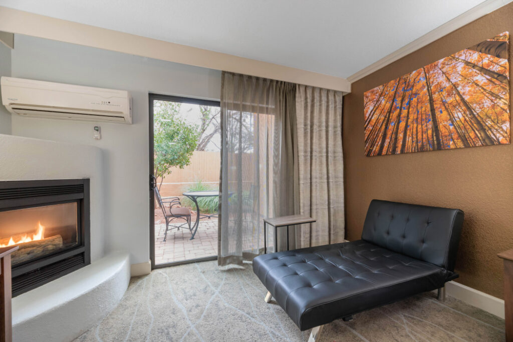 Warm fireplace in a Sedona hotel room for a relaxing stay