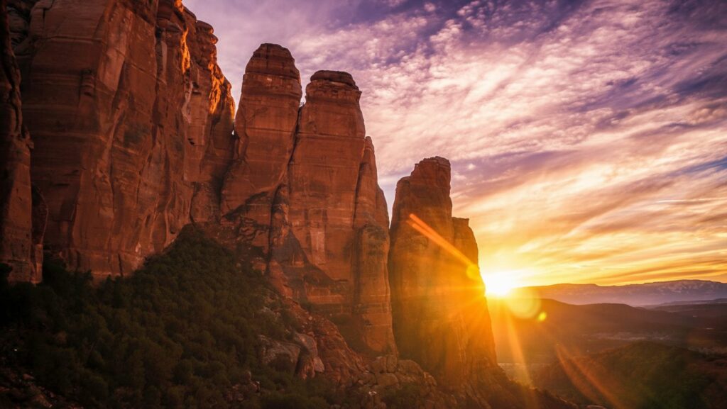 Sunset light glowing on Sedona's red rock spires