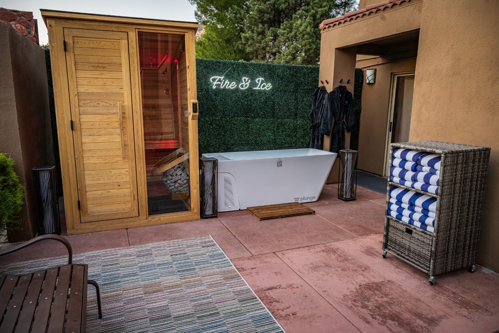 Fire & Ice cedar sauna and cold plunge at Arroyo Pinion Hotel in West Sedona