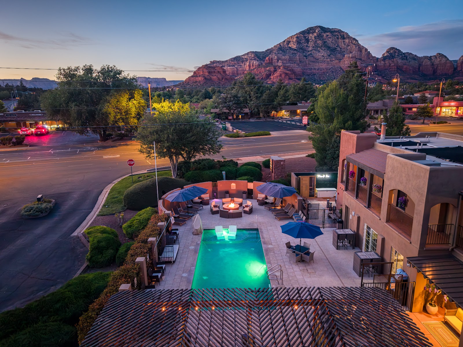 Arroyo Pinion pool and cabana area at dusk, a quiet spot to rest after spa treatments