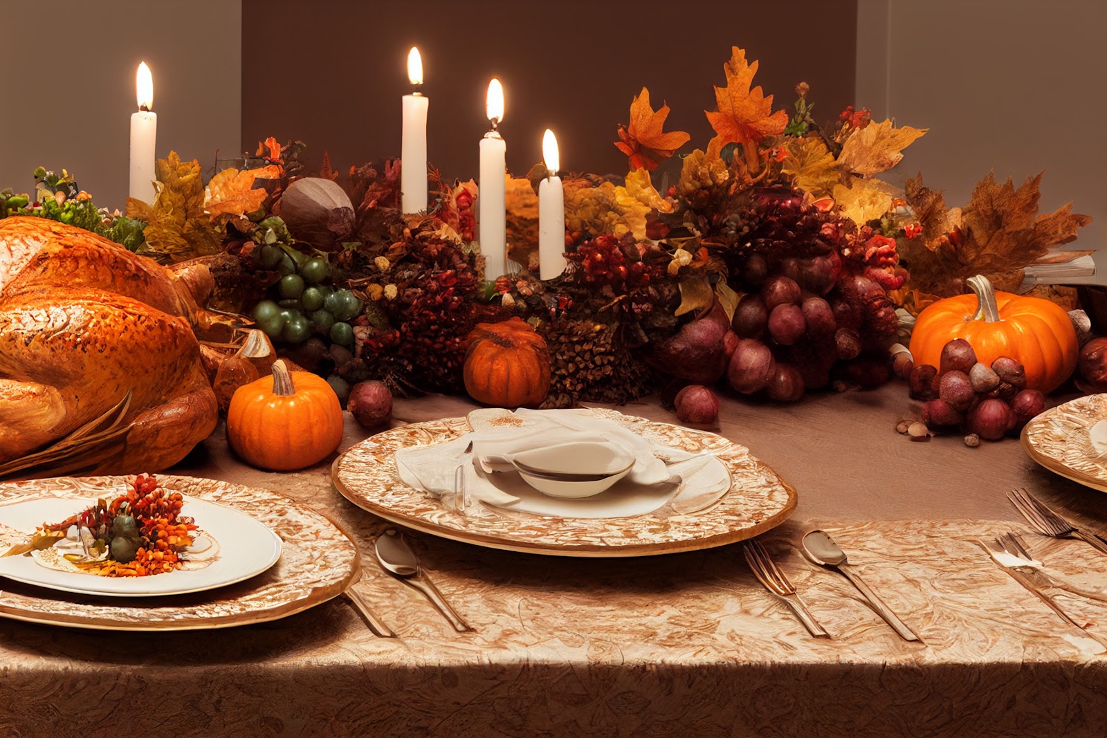 A candlelit autumn dinner table with pumpkins and fall leaves, the November version of a Sedona evening